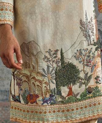Beige embroidered chanderi silk kurta set 4