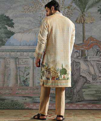 Beige embroidered chanderi silk kurta set 5