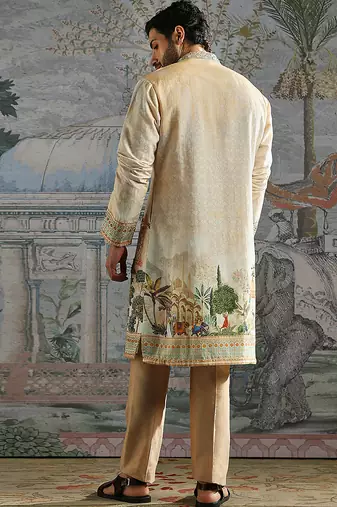 Beige embroidered chanderi silk kurta set