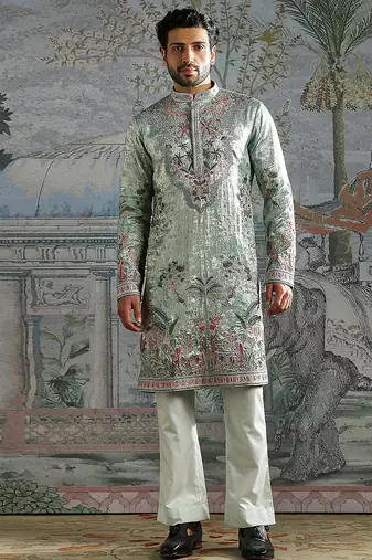 Green embroidered shimmer georgette kurta set