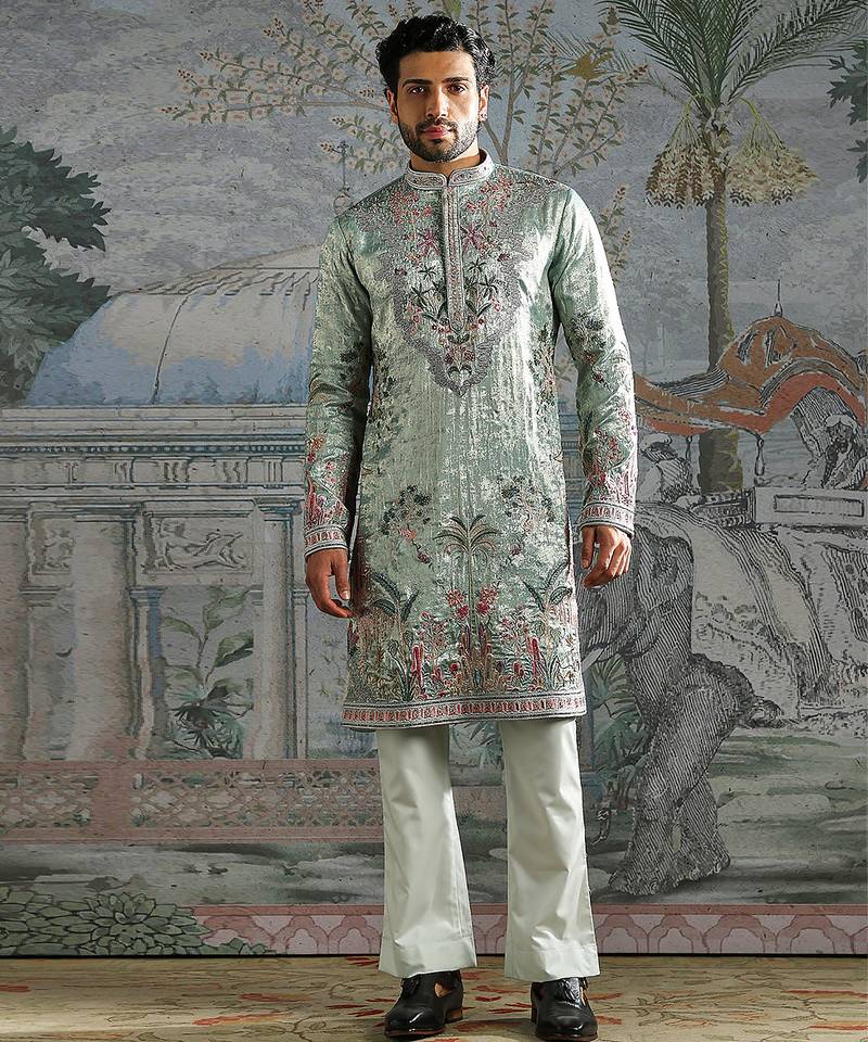 Green embroidered shimmer georgette kurta set