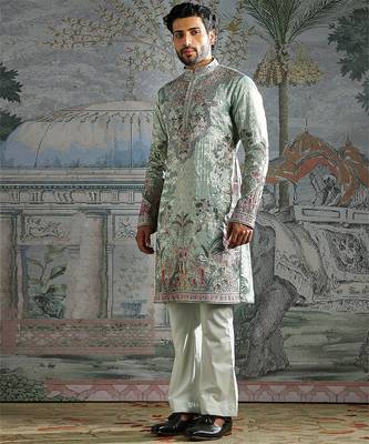 Green embroidered shimmer georgette kurta set 2