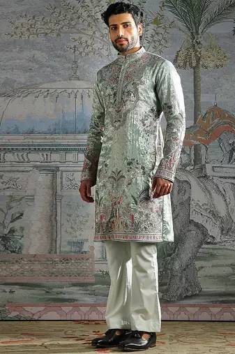 Green embroidered shimmer georgette kurta set