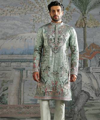 Green embroidered shimmer georgette kurta set 3