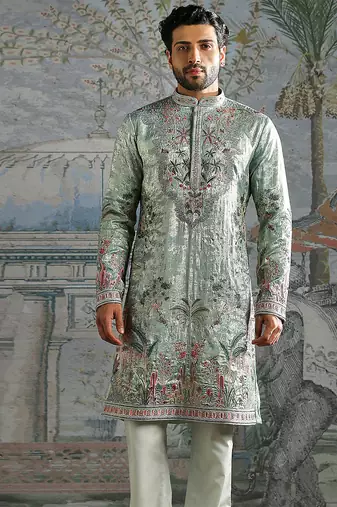 Green embroidered shimmer georgette kurta set