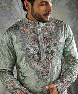 Green embroidered shimmer georgette kurta set 4