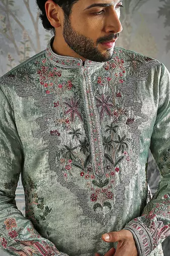 Green embroidered shimmer georgette kurta set