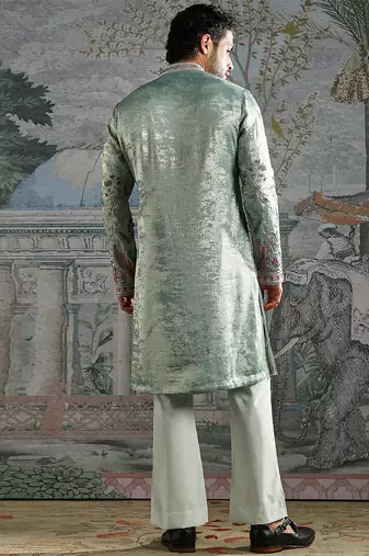 Green embroidered shimmer georgette kurta set