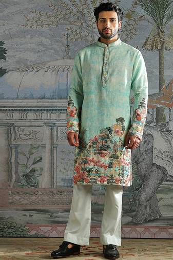 Mint printed chanderi silk kurta set