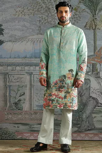 Mint printed chanderi silk kurta set