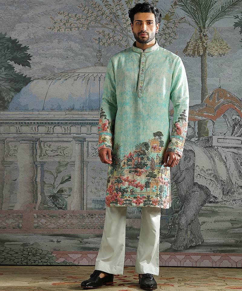 Mint printed chanderi silk kurta set