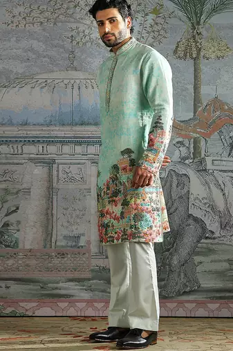 Mint printed chanderi silk kurta set