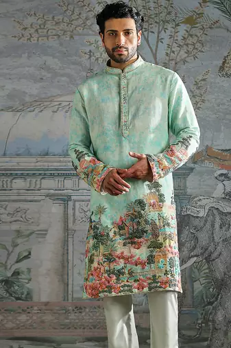 Mint printed chanderi silk kurta set