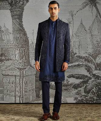blue embroidered raw silk indo western men set 1