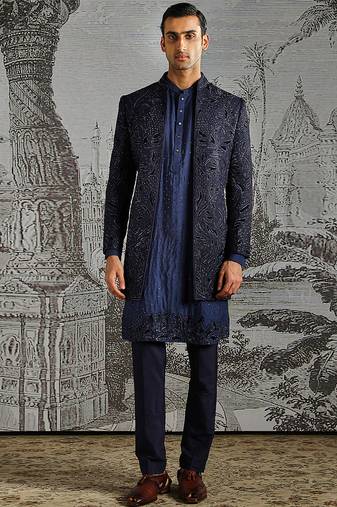Blue embroidered raw silk indo western set