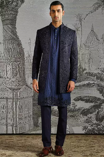 Blue embroidered raw silk indo western set