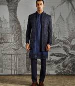 Navy Blue embroidered raw silk indo western set