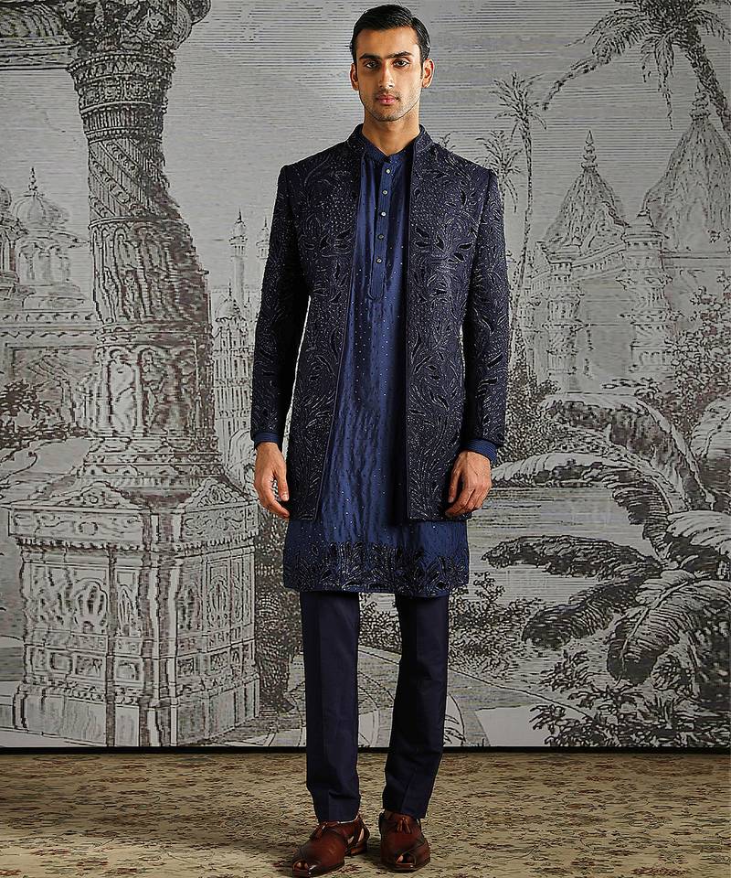 Blue embroidered raw silk indo western set