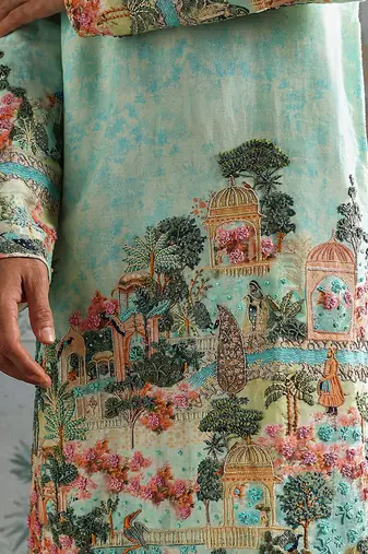 Mint printed chanderi silk kurta set