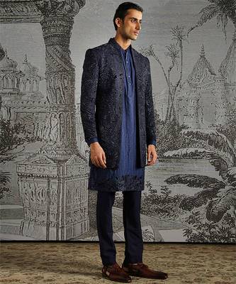 blue embroidered raw silk indo western men set 2