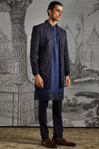 blue embroidered raw silk indo western men set
