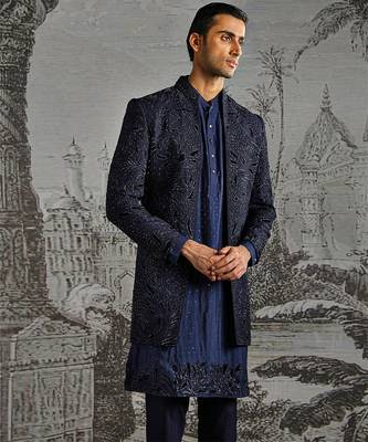 blue embroidered raw silk indo western men set 3