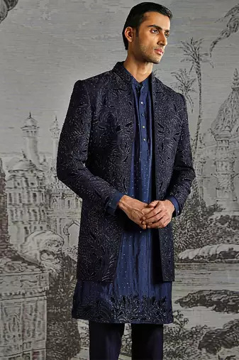 blue embroidered raw silk indo western men set