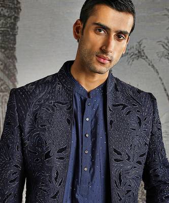 blue embroidered raw silk indo western men set 4