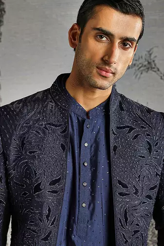 blue embroidered raw silk indo western men set