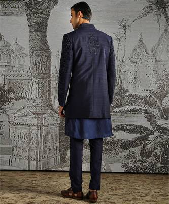 blue embroidered raw silk indo western men set 5