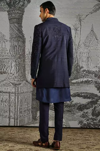 blue embroidered raw silk indo western men set