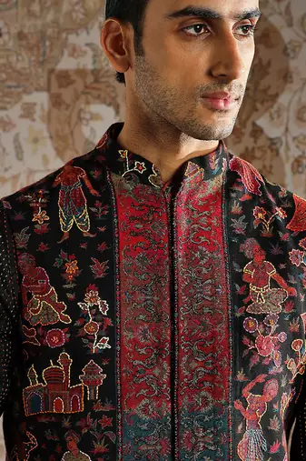 Black embroidered pashmina kurta bundi set
