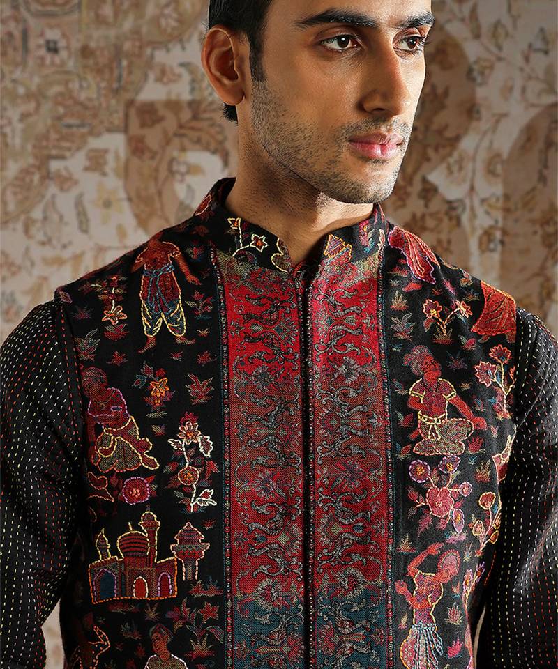 Black embroidered pashmina kurta bundi set
