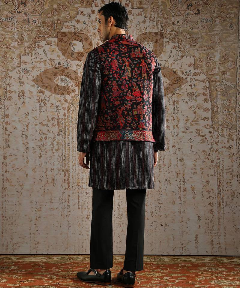 Black embroidered pashmina kurta bundi set