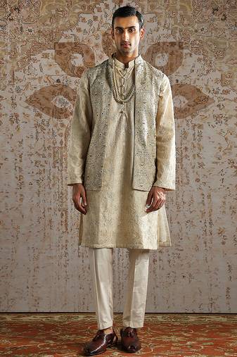 Gold chanderi silk kurta bundi set