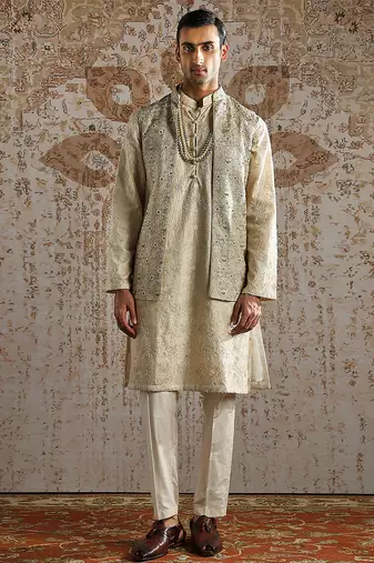 Gold chanderi silk kurta bundi set