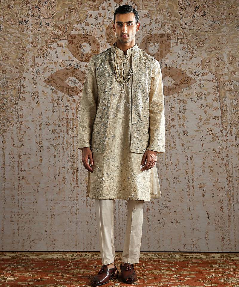 Gold chanderi silk kurta bundi set
