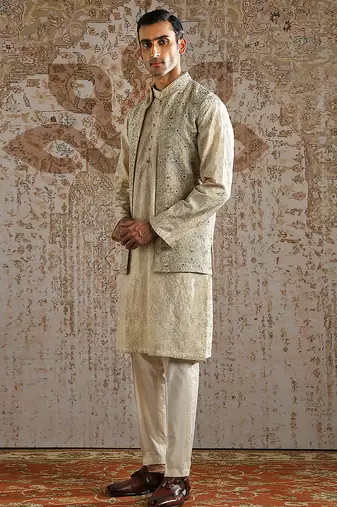Gold chanderi silk kurta bundi set