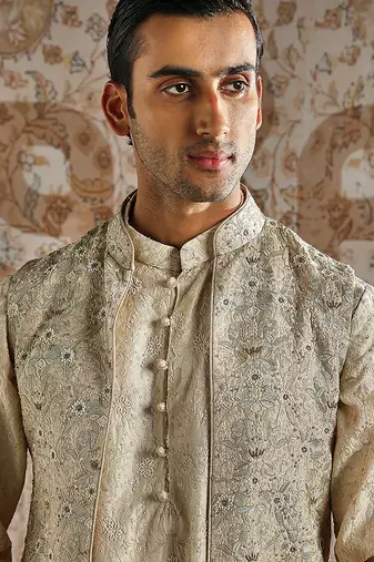 Gold chanderi silk kurta bundi set
