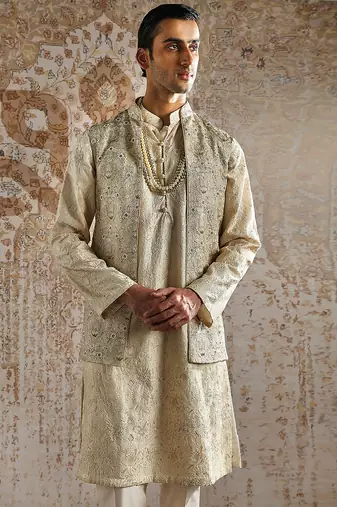Gold chanderi silk kurta bundi set