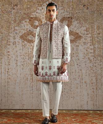 White embroidered silk kurta bundi set 1