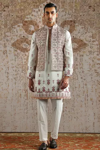 White embroidered silk kurta bundi set