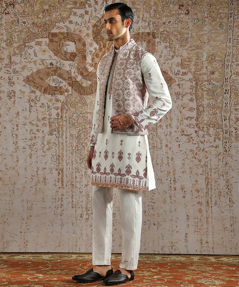 White embroidered silk kurta bundi set