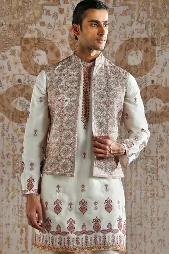White embroidered silk kurta bundi set