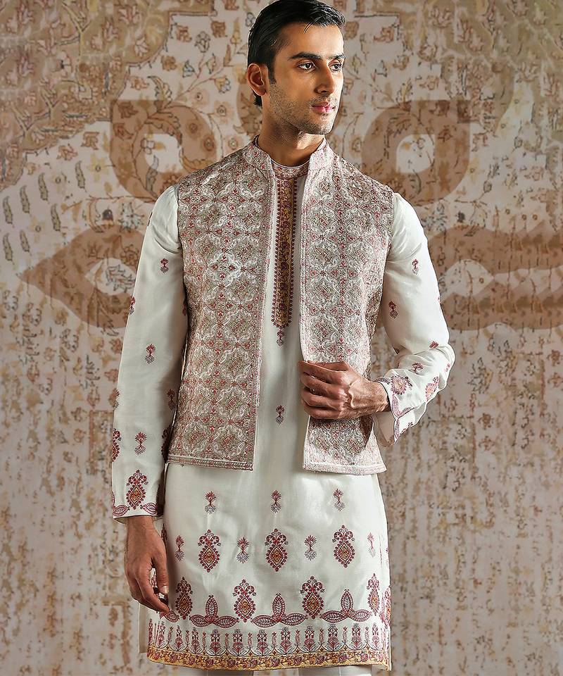 White embroidered silk kurta bundi set