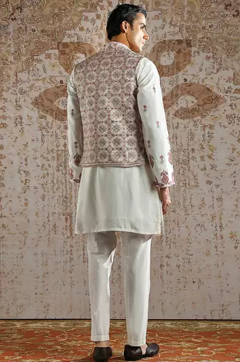 White embroidered silk kurta bundi set