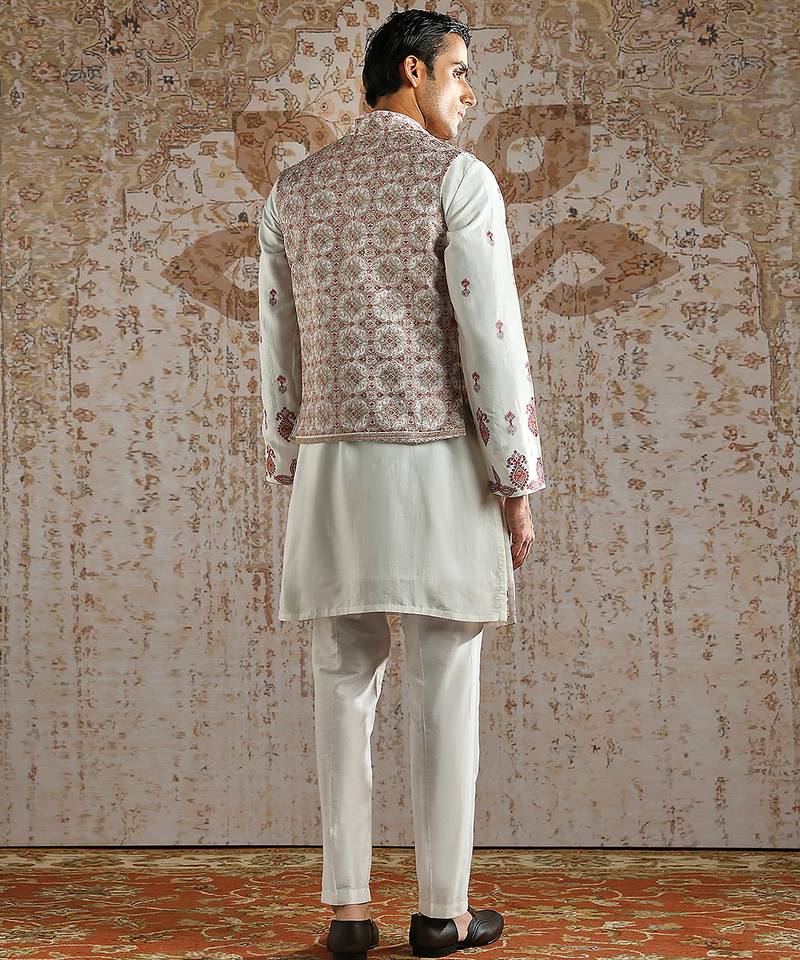 White embroidered silk kurta bundi set
