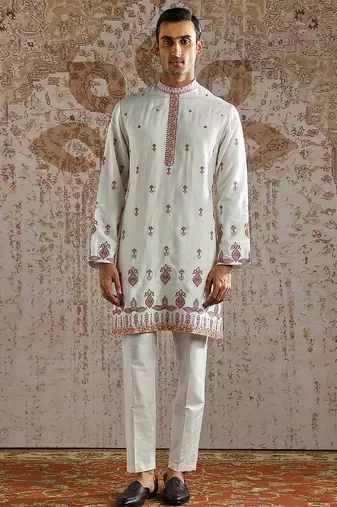 White embroidered silk kurta bundi set