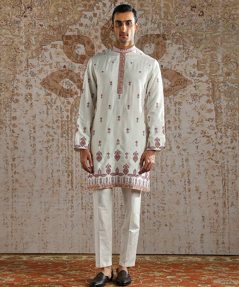 White embroidered silk kurta bundi set