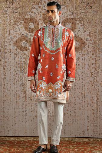 Orange embroidered chanderi silk kurta set